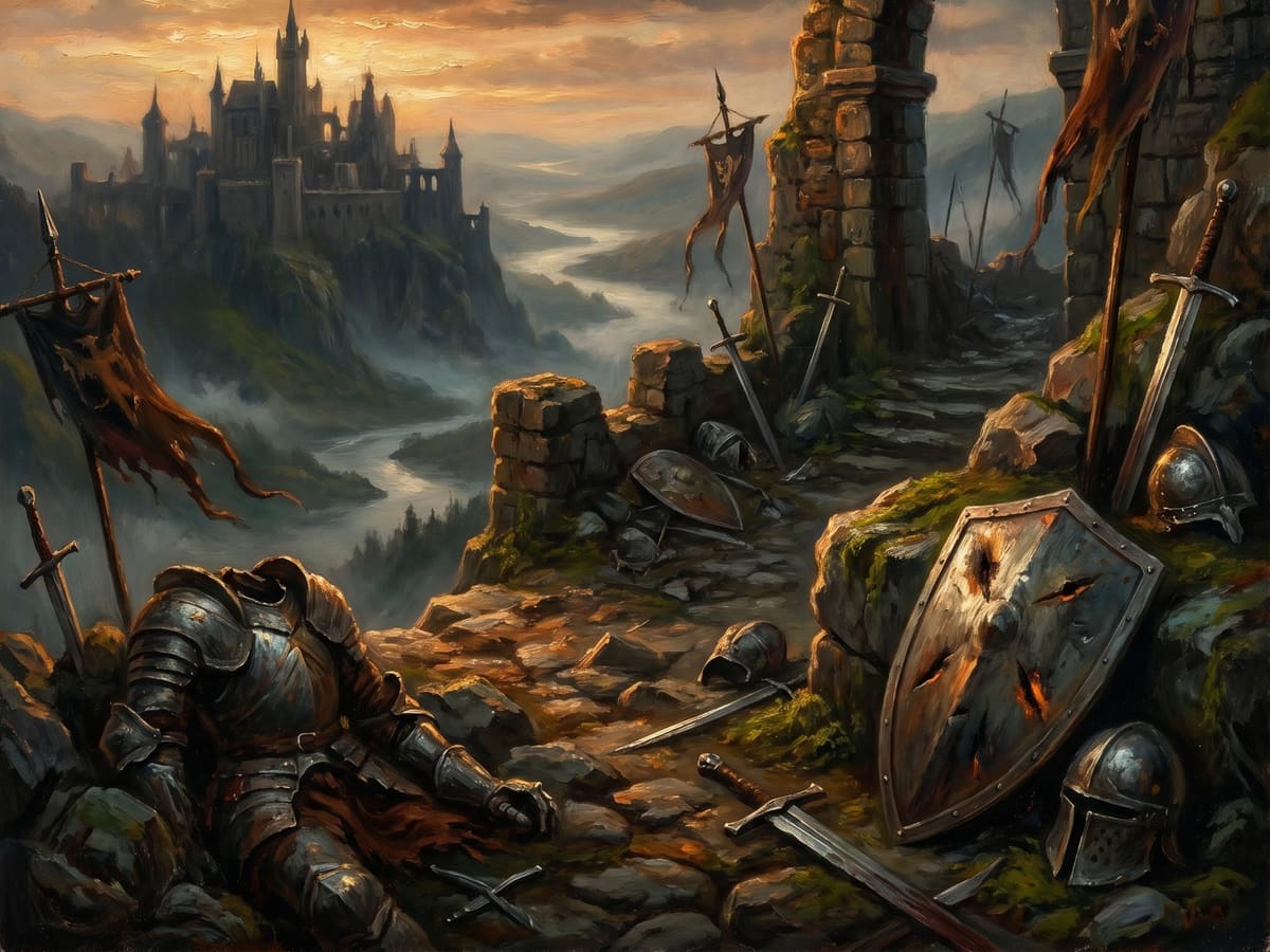 A mountain fortress overlooking a vast valley at sunset