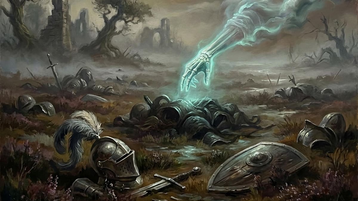 A fallen warrior on a misty battlefield with a ghostly hand reaching down