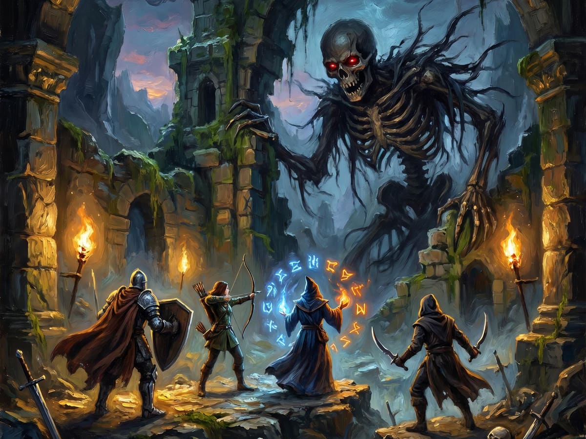 A party of adventurers facing a massive skeletal raid boss in ancient ruins