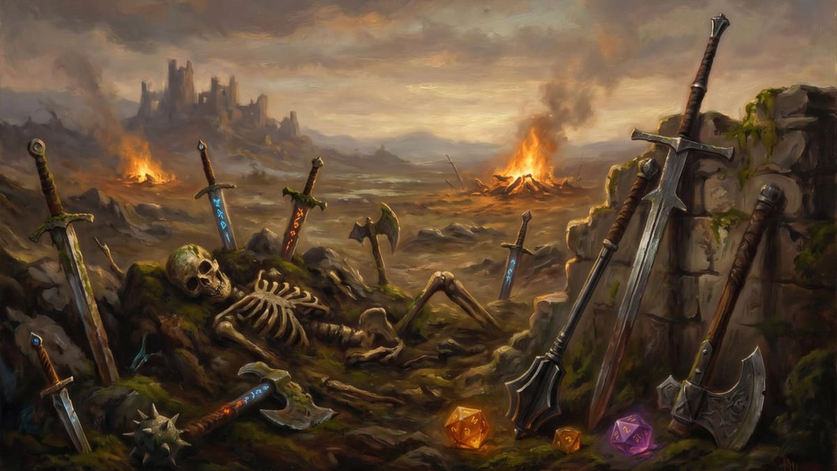 Fantasy weapons and dice on a stone table in a battlefield