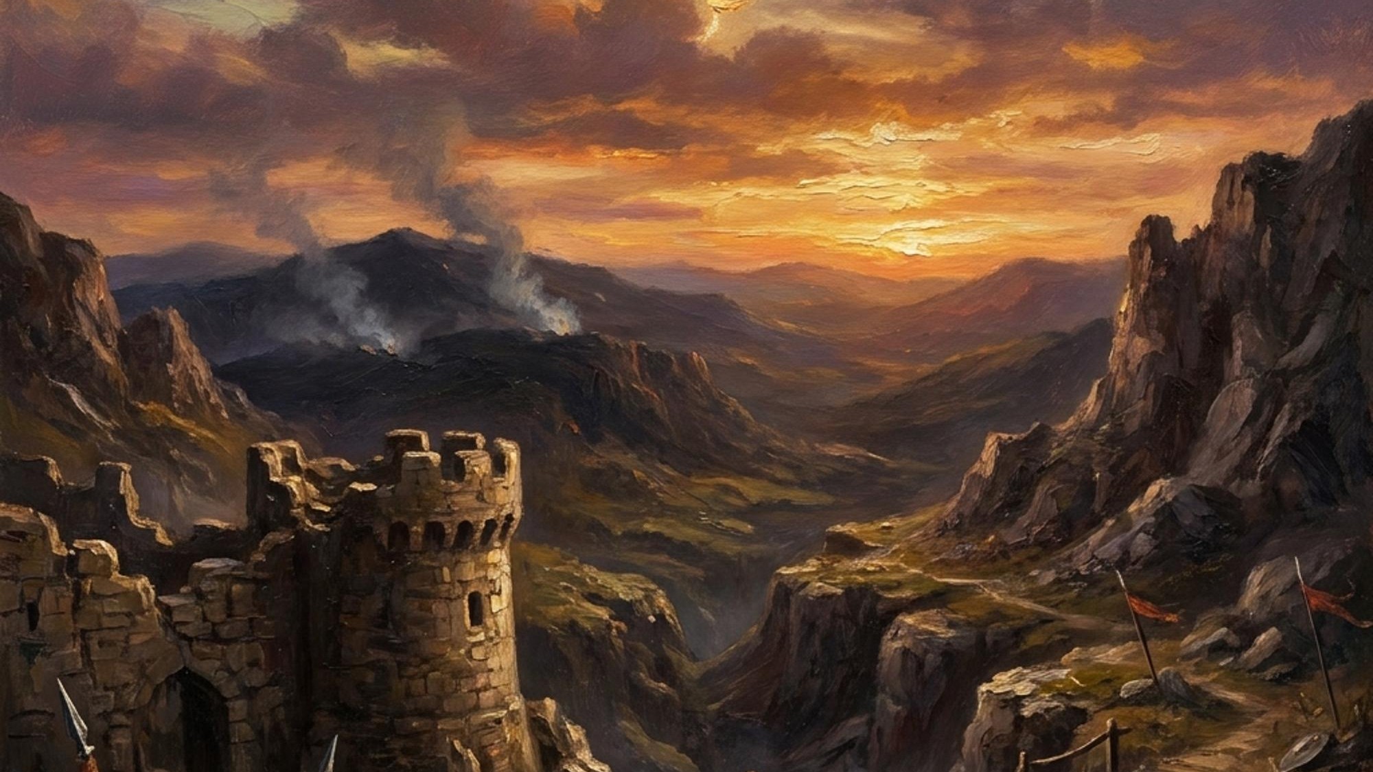 A mountain fortress overlooking a vast valley at sunset