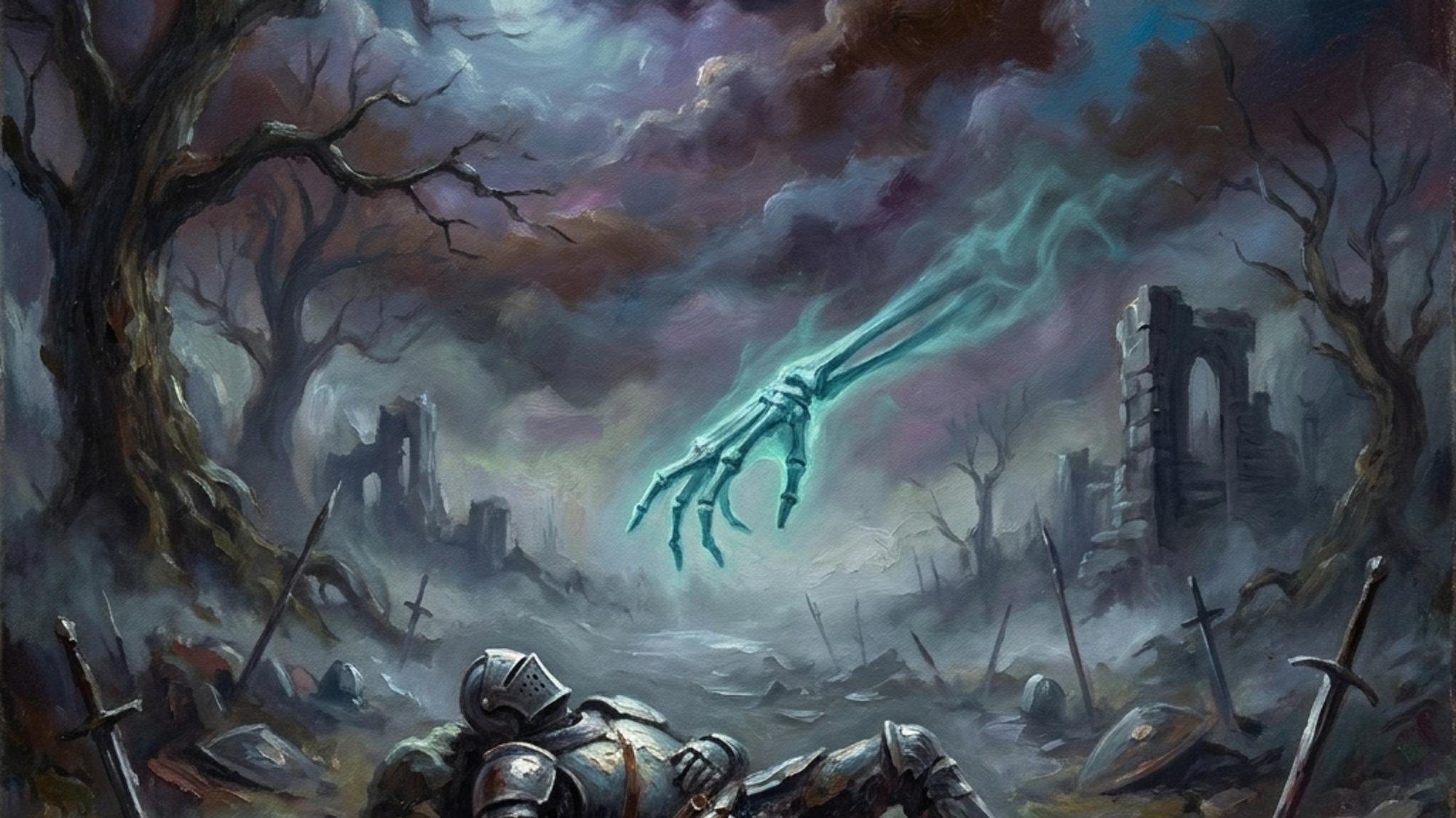 A fallen warrior on a misty battlefield with a ghostly hand reaching down