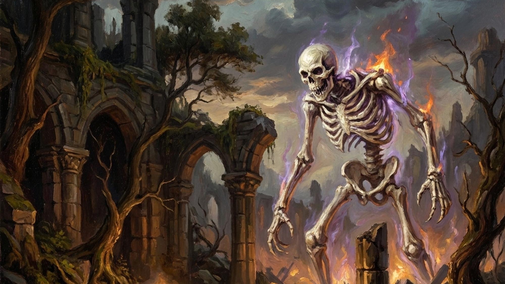 A party of adventurers facing a massive skeletal raid boss in ancient ruins
