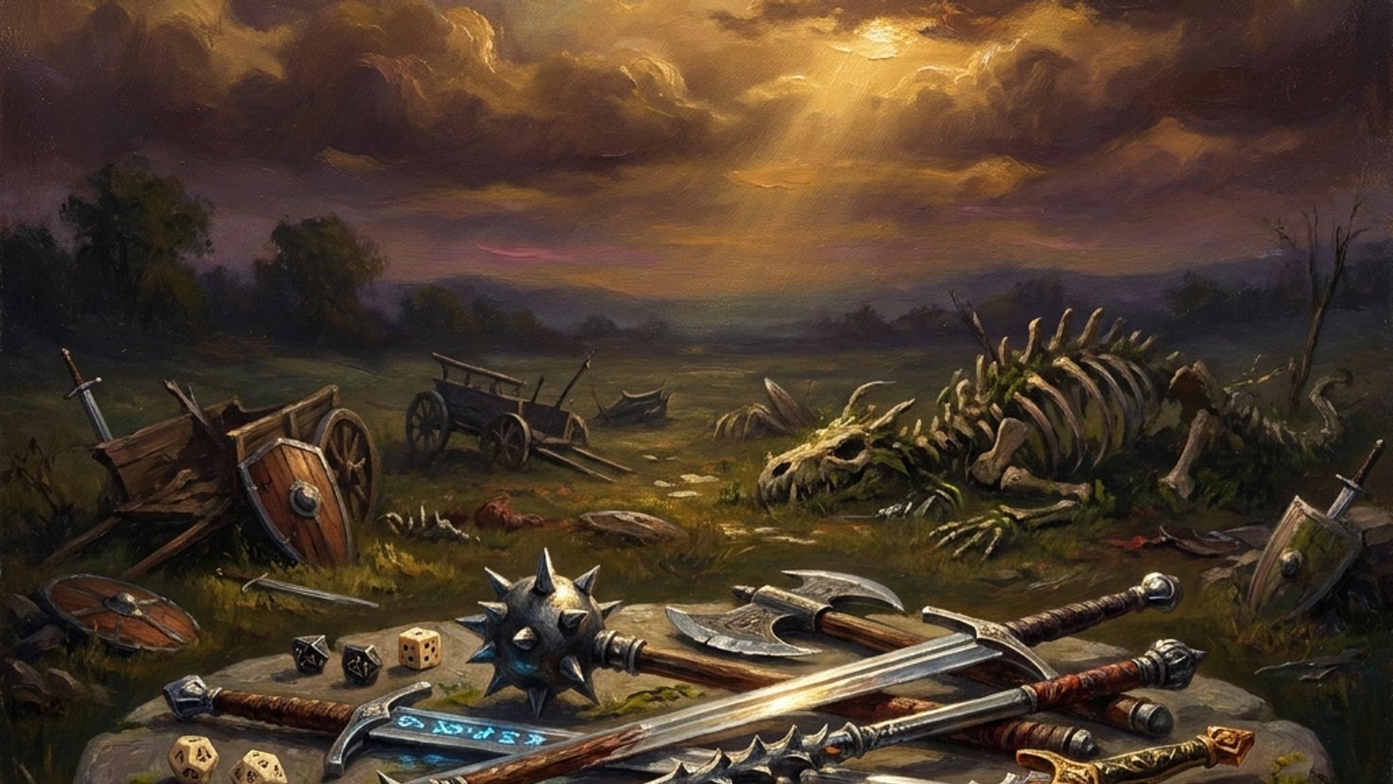 Fantasy weapons and dice on a stone table in a battlefield